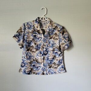 Dress Barn Silk Blouse Women's Petite Medium Blue Floral Collared Button Up